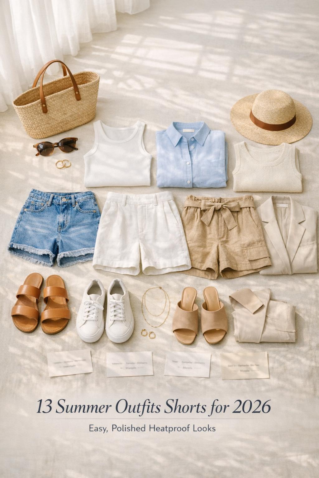 Summer outfits shorts capsule flat lay in a bright bedroom with linen, denim, sandals, sneakers, and accessories