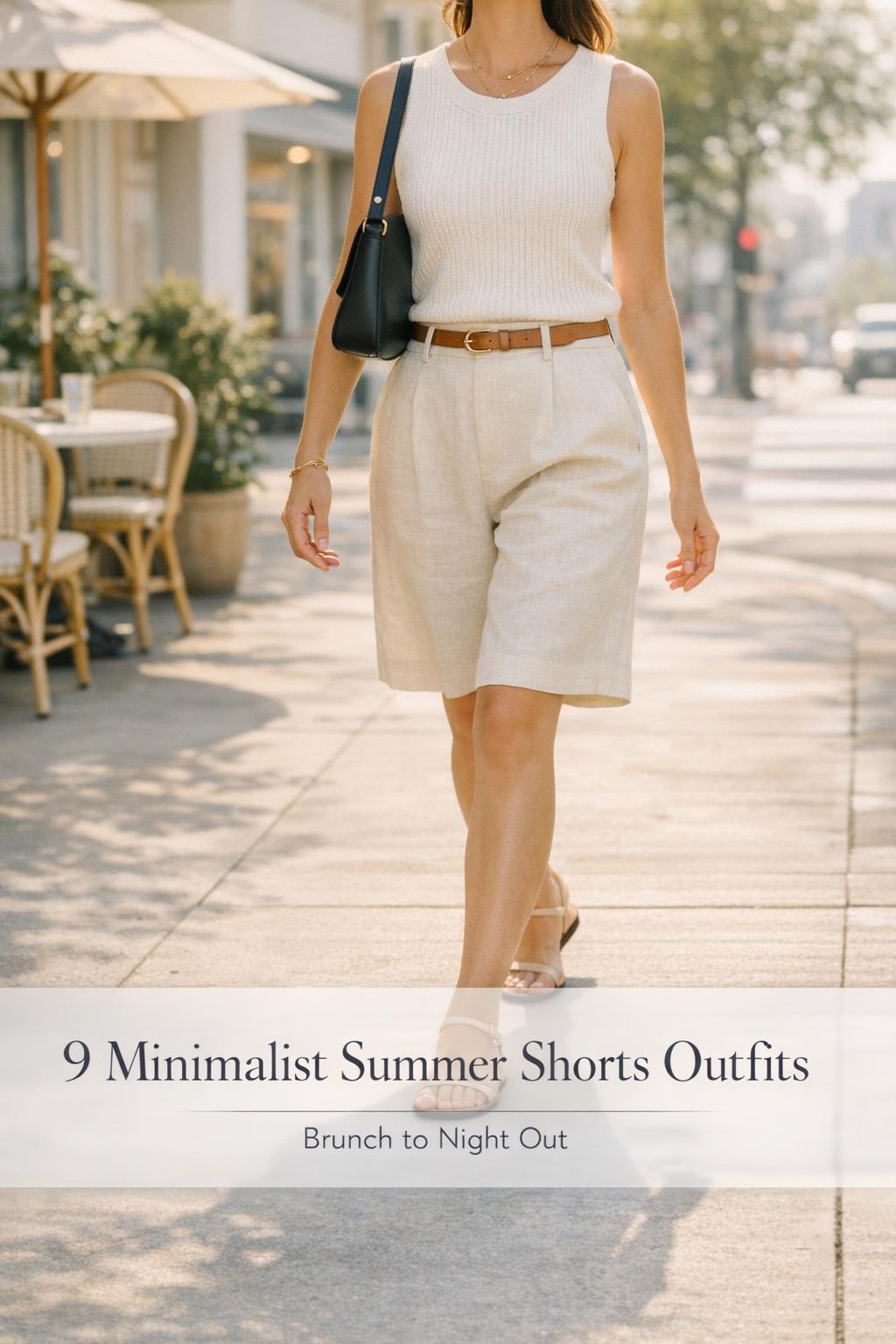 Summer shorts outfits: woman in cream linen Bermuda shorts walking by a sunlit brunch patio with airy editorial styling