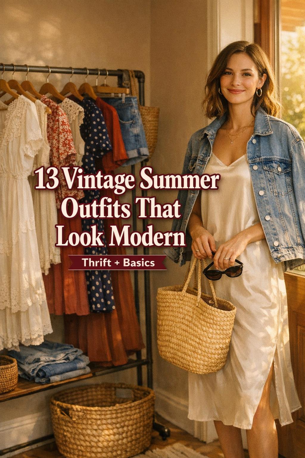 Vintage summer outfits capsule wardrobe scene with woman in slip dress and denim jacket by a clothing rack in warm light