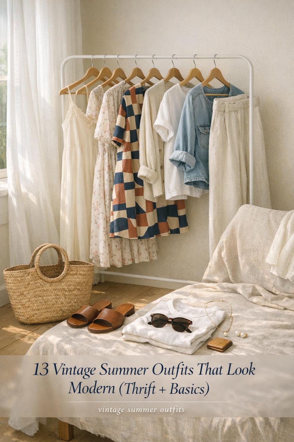Vintage summer outfits capsule wardrobe by a sunny window with dresses, linen trousers, denim shorts, and styling accessories