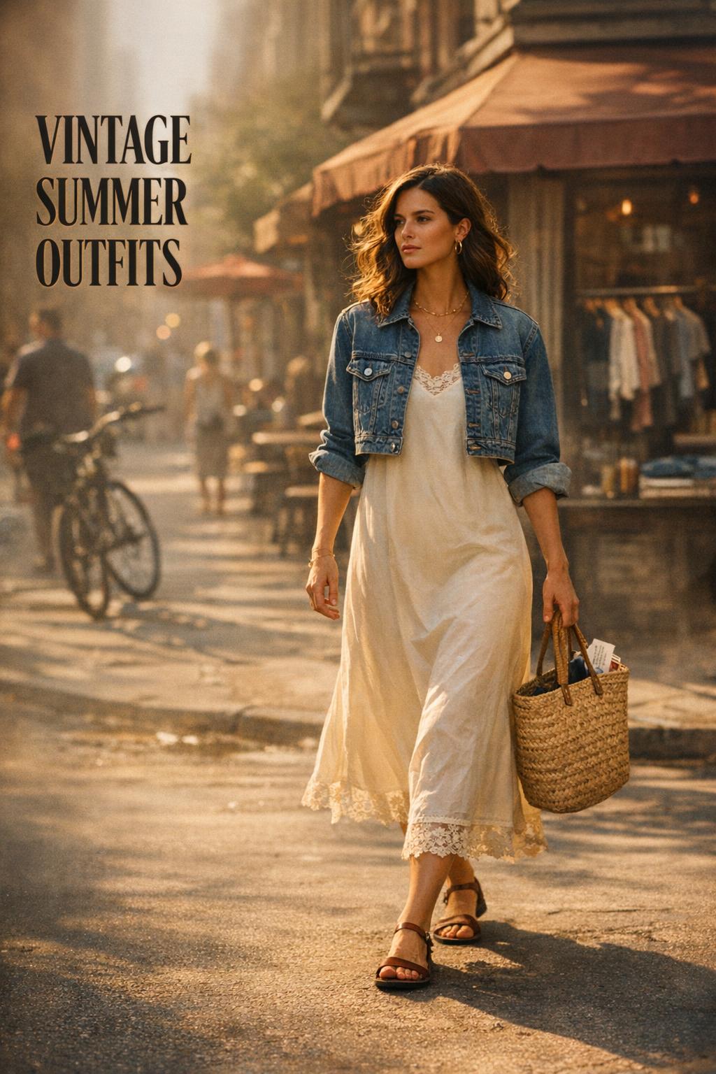 Vintage summer outfits street style with woman in lace slip dress and cropped denim jacket during golden hour in city