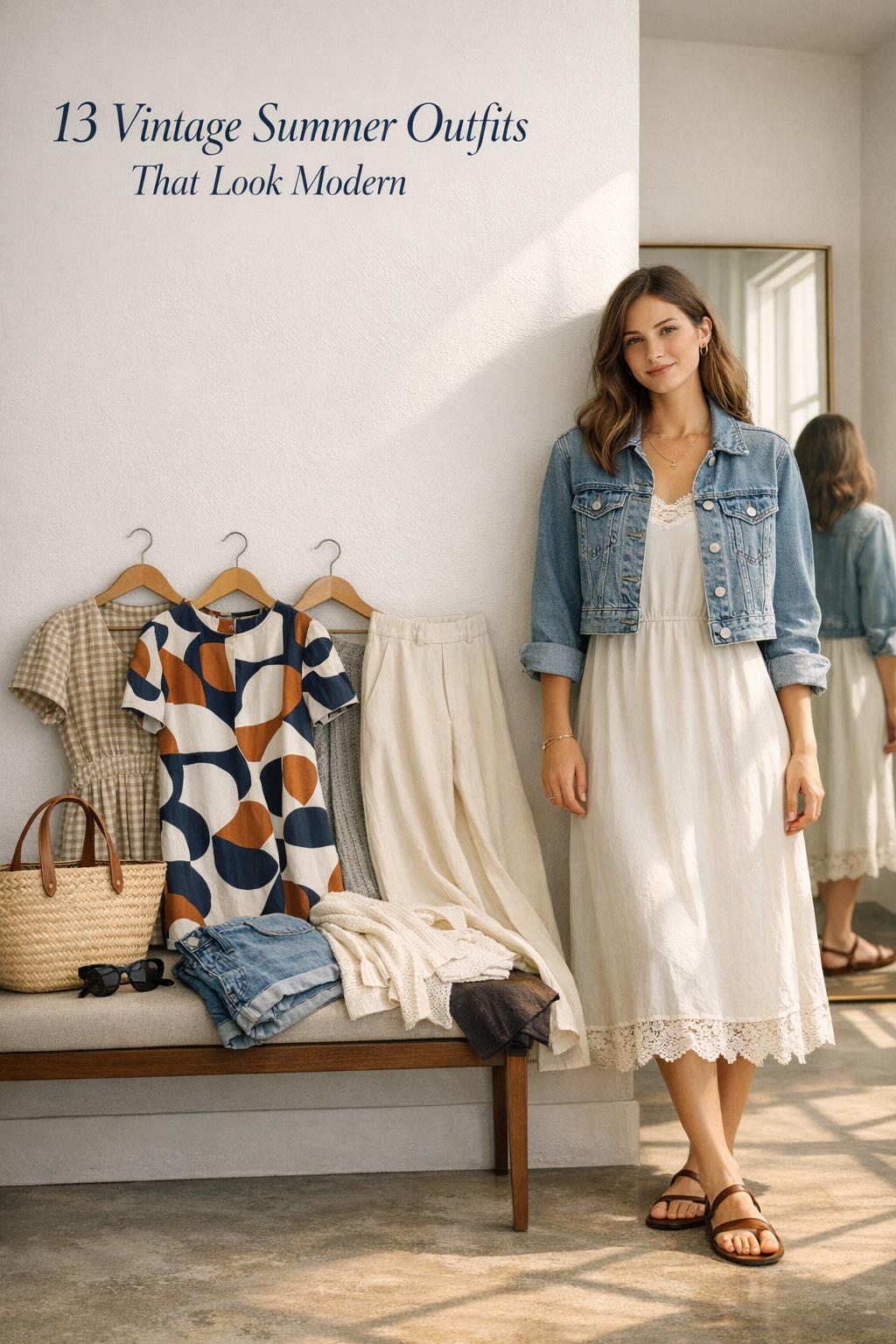 Vintage summer outfits in a sunlit minimalist apartment entryway, model in lace slip dress and denim jacket with capsule pieces.