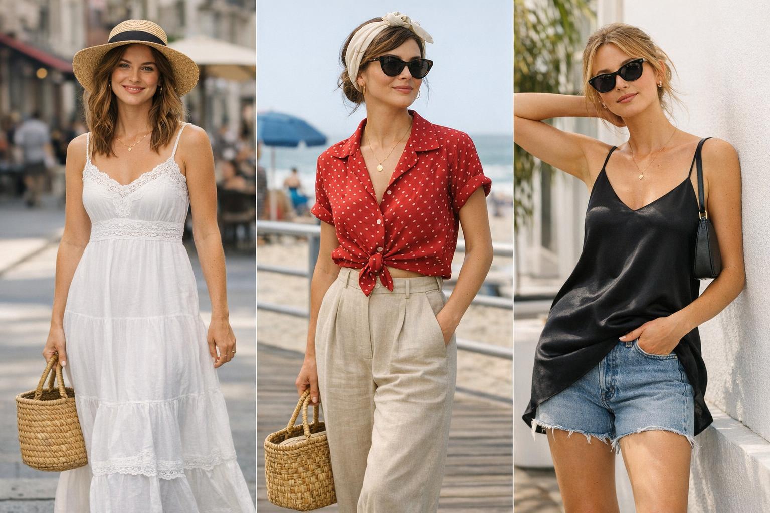 Vintage summer outfits styled with a gingham dress, slip dress, and vintage denim for a modern, thrifted warm-weather look