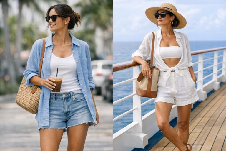 Casual summer outfits with denim shorts, white tank and linen button-up, styled with flat sandals and sunglasses