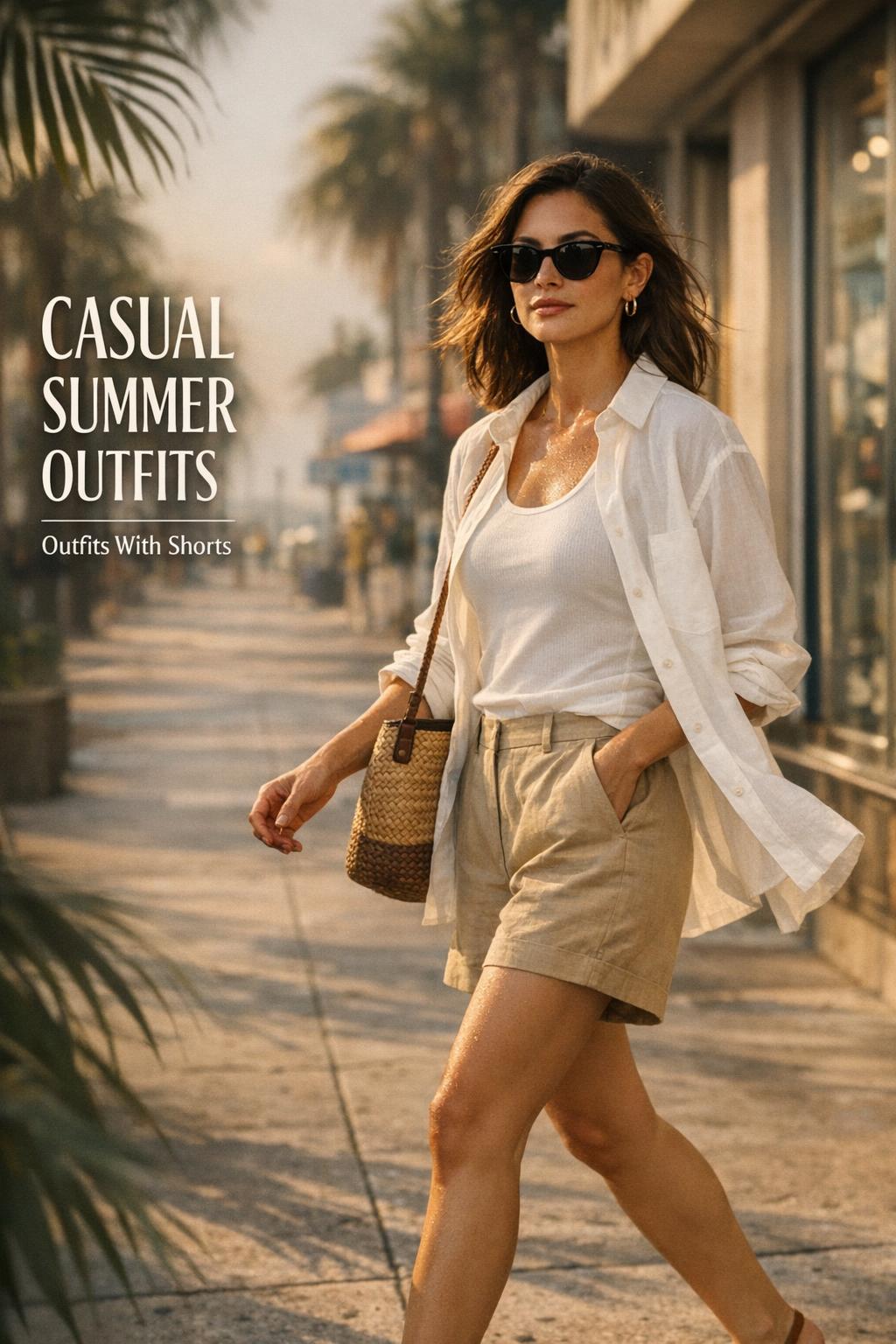 Casual summer outfits street style in humid Florida at golden hour, woman in white tank, linen shorts and open shirt