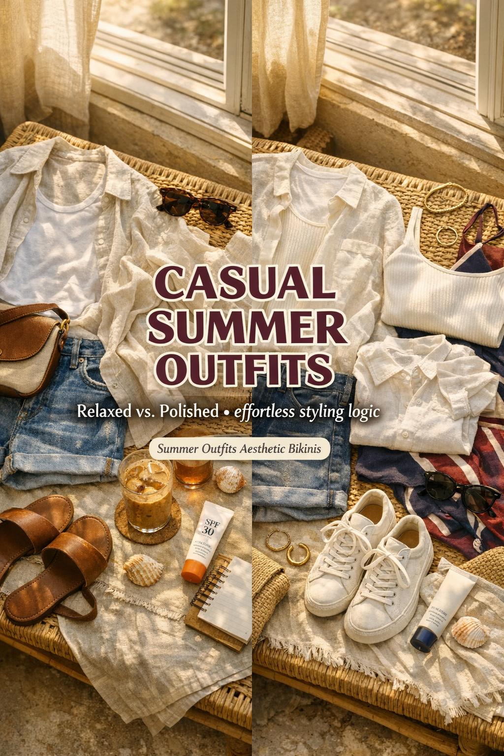 Casual summer outfits flat lay showing relaxed vs polished looks with denim shorts, linen shirt, sandals, sunglasses and beach accessories