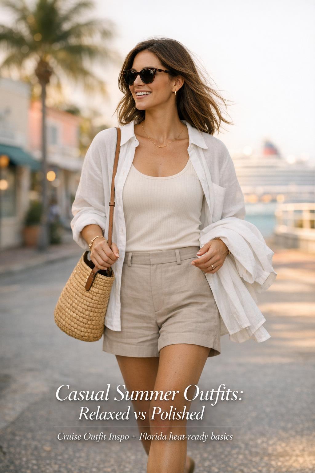 Woman walking on a Florida coastal street in casual summer outfits with linen shirt, tailored shorts, sandals and tote