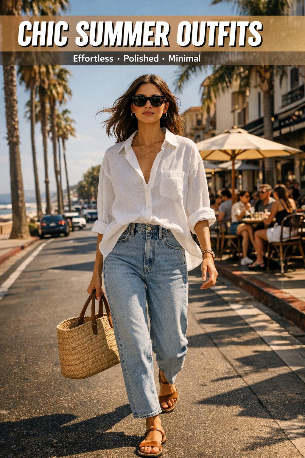 Chic summer outfits featuring a linen dress, straw hat, and sandals in a bright coastal street scene