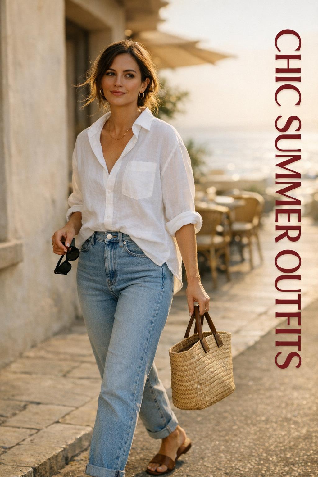 Chic summer outfits editorial photo of a woman in white linen shirt and light-wash jeans walking by a Mediterranean cafe at golden hour