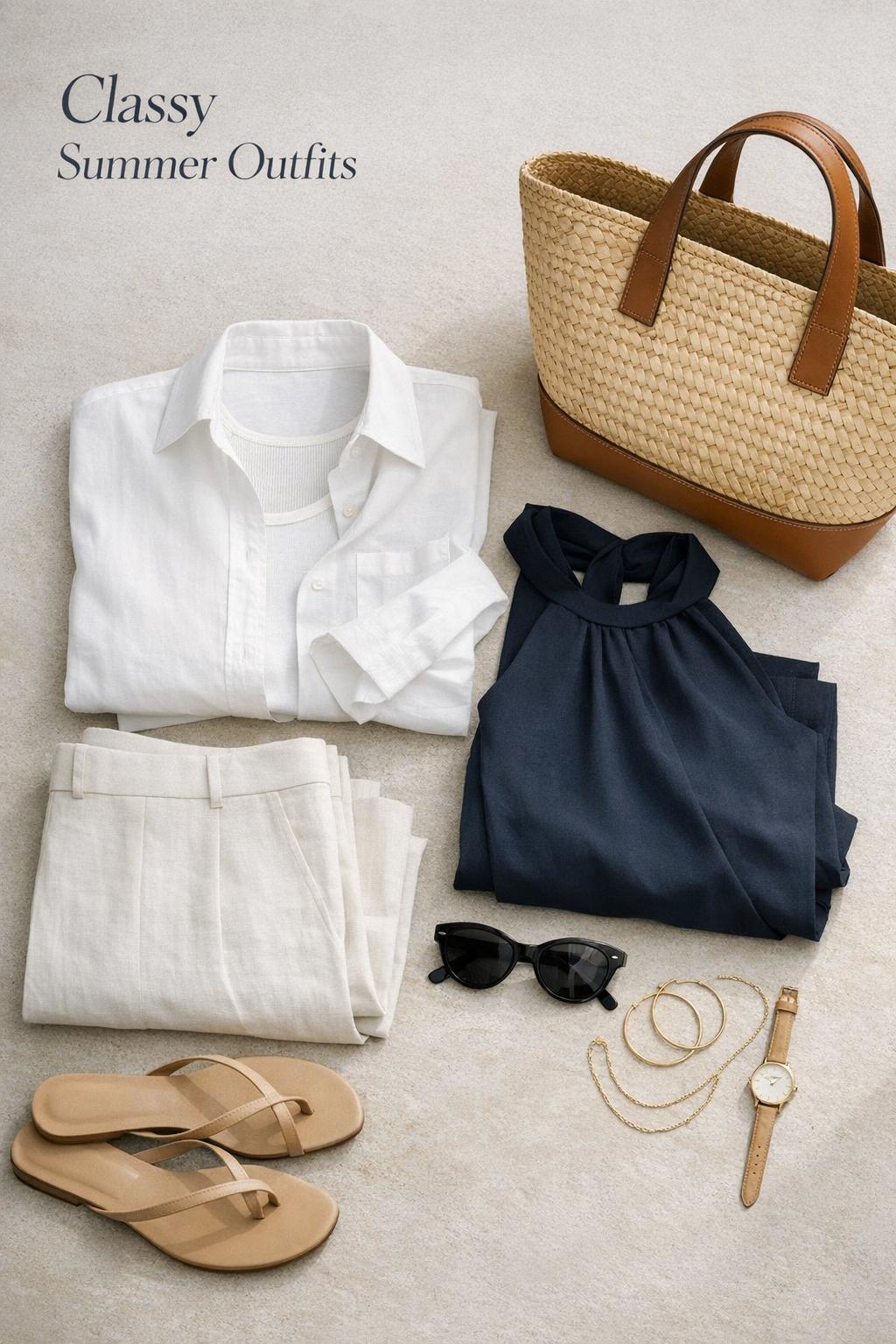 Classy summer outfits flat lay with ivory linen trousers, white shirt, navy jumpsuit, sandals, raffia tote, and gold jewelry