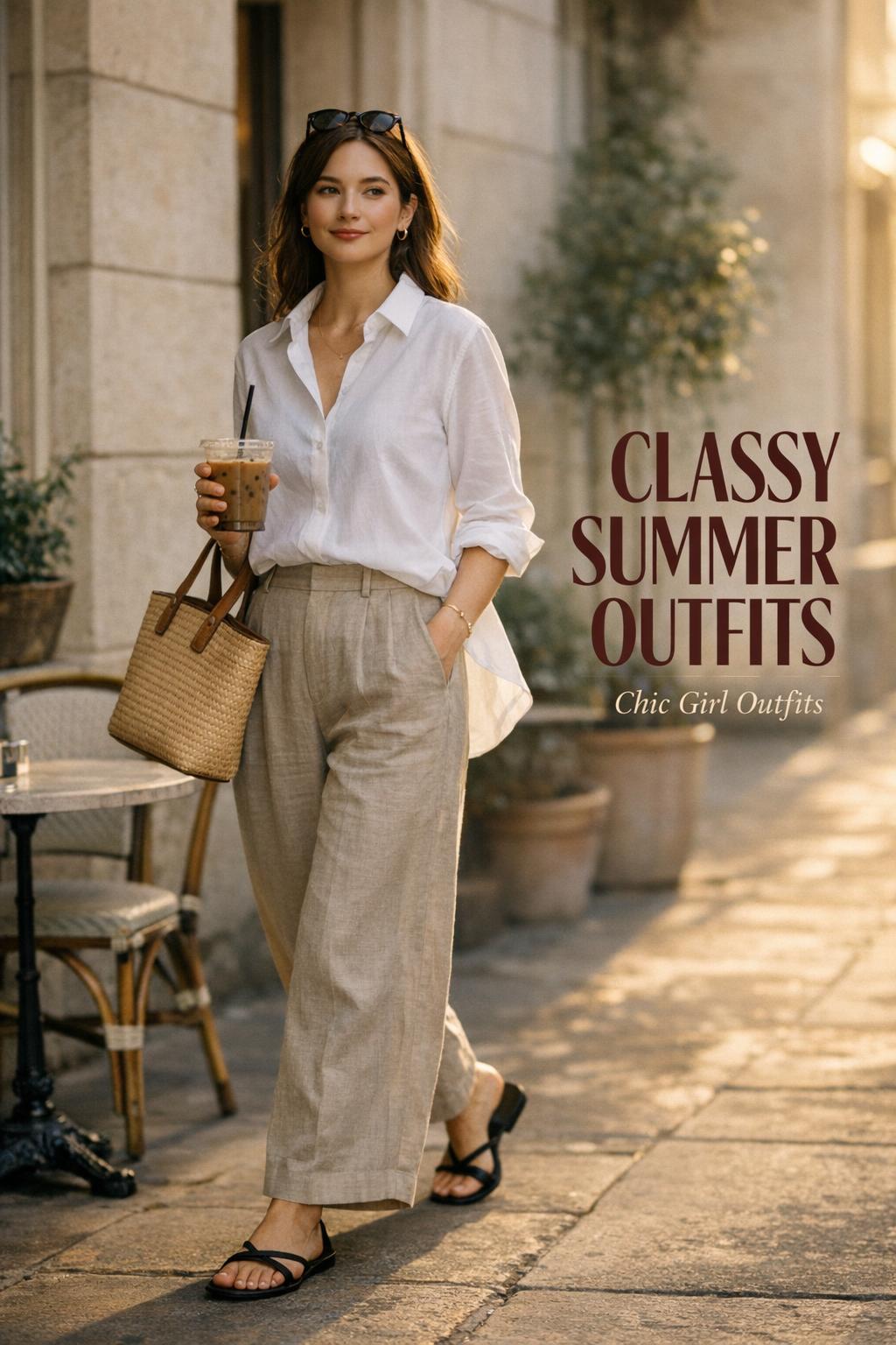 Woman walking past a city café in classy summer outfits, white shirt and taupe linen trousers, holding iced coffee