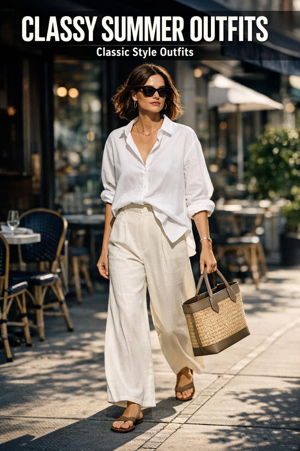 Classy summer outfits styled on a woman in a bright, sunlit street for a chic warm-weather look