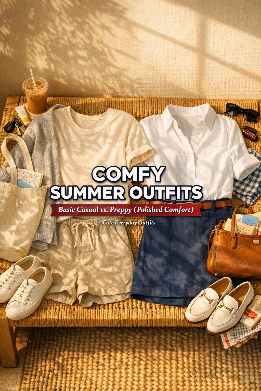Comfy summer outfits flat lay comparison in warm entryway light, basic casual vs preppy with accessories and summer props