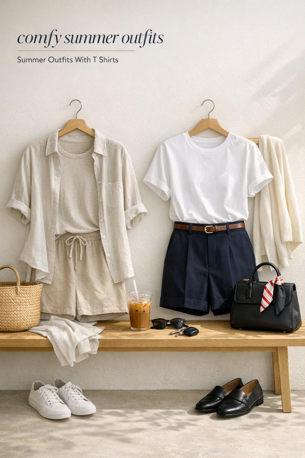 Comfy summer outfits comparison on an entryway bench with two T-shirt looks, iced coffee, sunglasses, and tote.