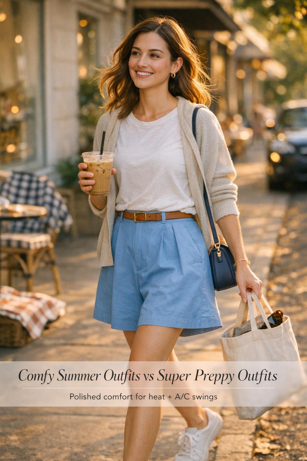 Comfy summer outfits on a stylish woman walking past a sunlit sidewalk cafe holding iced coffee at golden hour