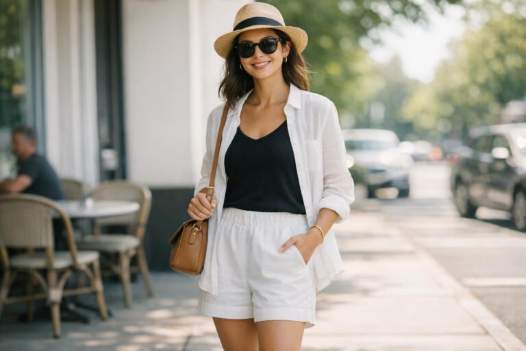 Cute summer outfits with a breezy tank, tailored shorts, and light overshirt for heat and cold AC days