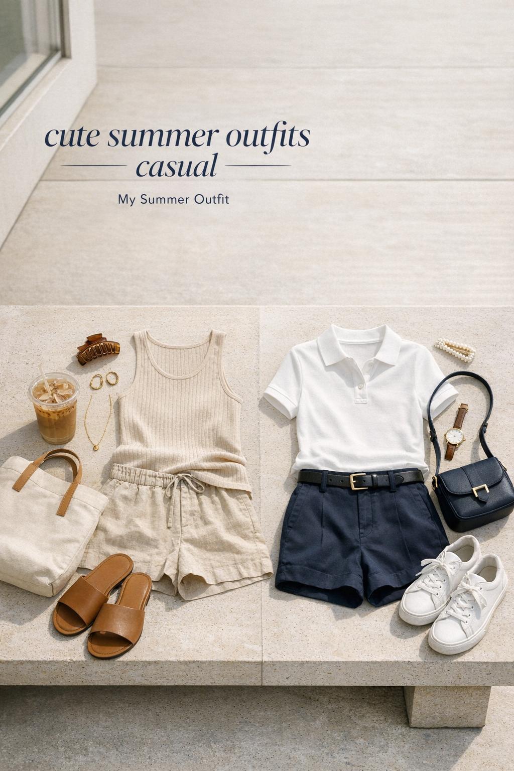 Cute summer outfits casual flat lay comparing breezy basics and preppy polished looks on a stone bench with iced coffee