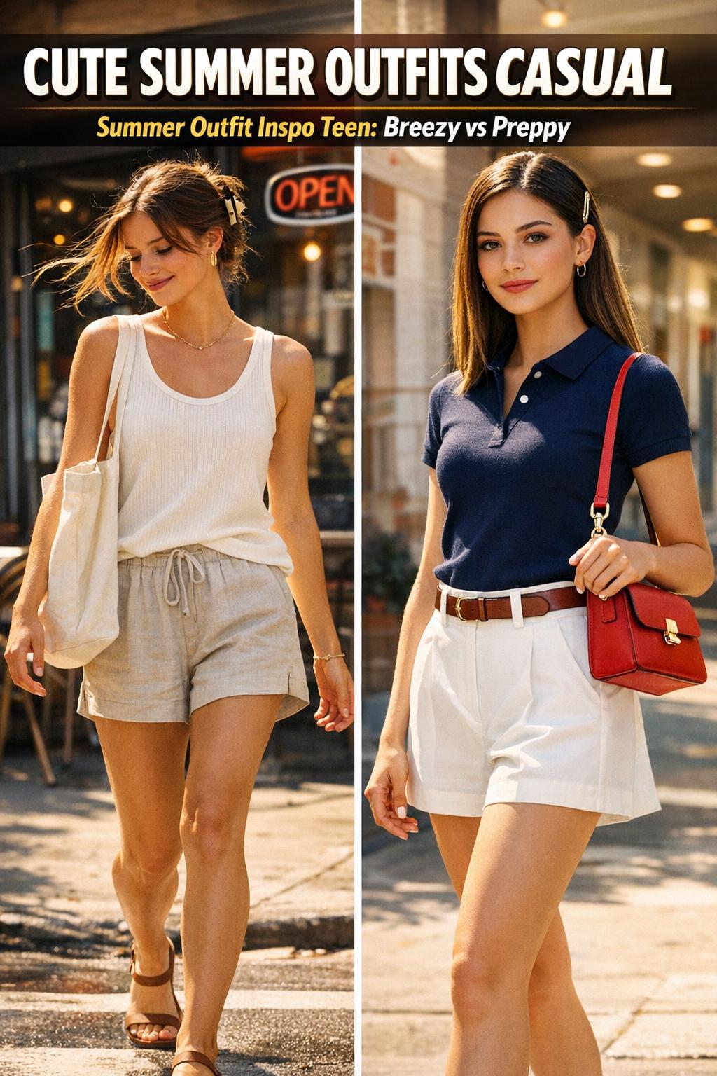 Cute summer outfits casual: two friends in light linen shirts and denim shorts walking in sunshine