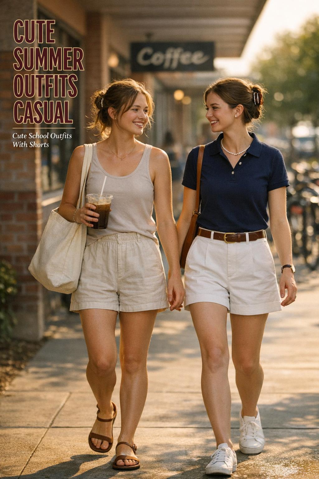 Cute summer outfits casual: two young women walking by a school campus coffee strip in golden-hour heat