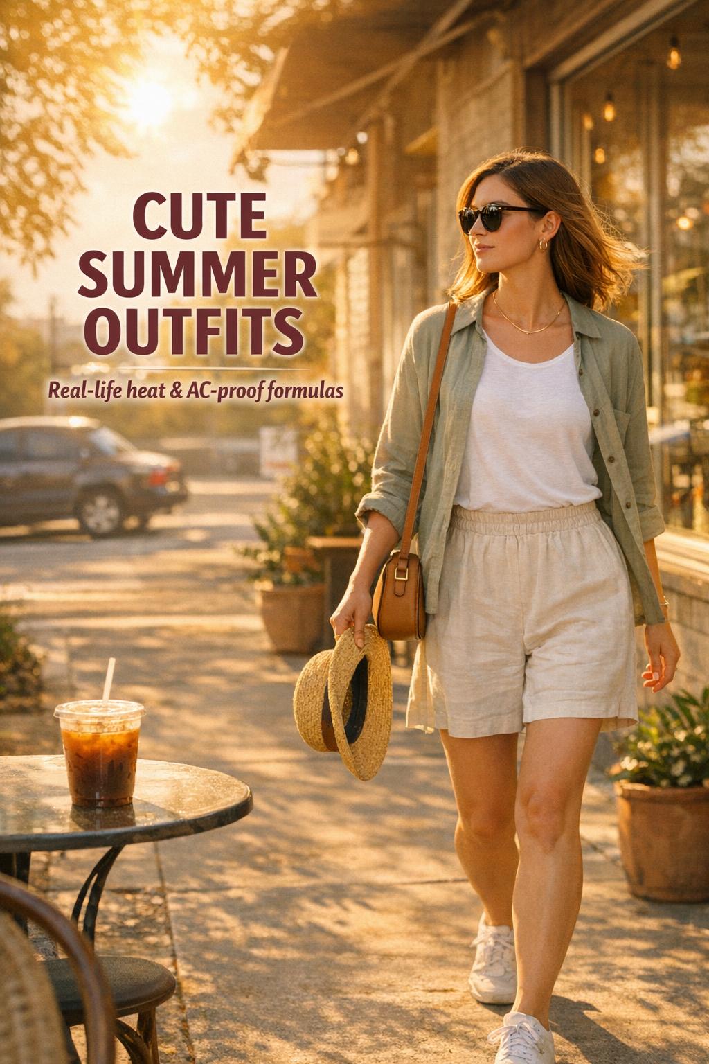 Cute summer outfits girl walking past a cafe with iced coffee table in warm golden-hour city street style