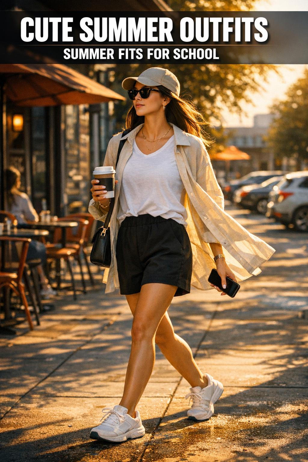 Cute summer outfits styled on a sunny day with light dresses, sandals, and sunglasses in a casual street scene