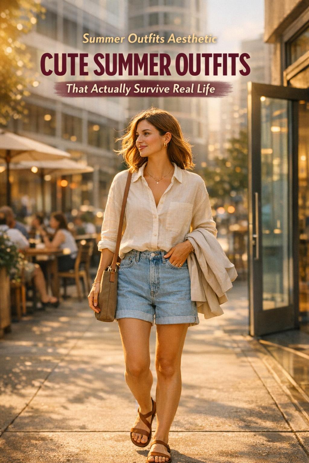 Cute summer outfits: stylish woman in linen shirt and high-waist shorts walking by a café in golden-hour city light