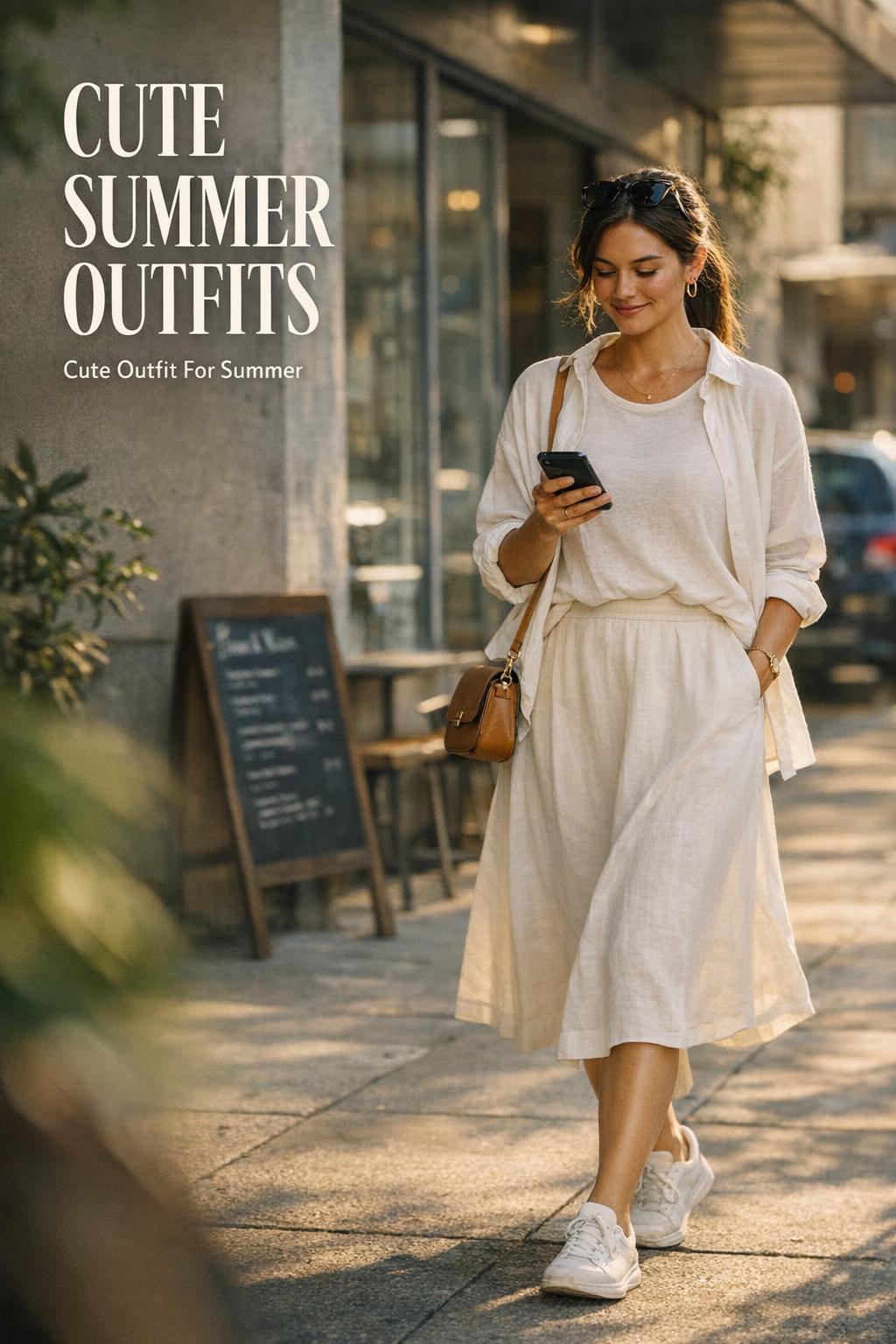 Cute summer outfits idea: stylish woman in off-white tee and linen shorts outside a minimalist cafe at golden hour