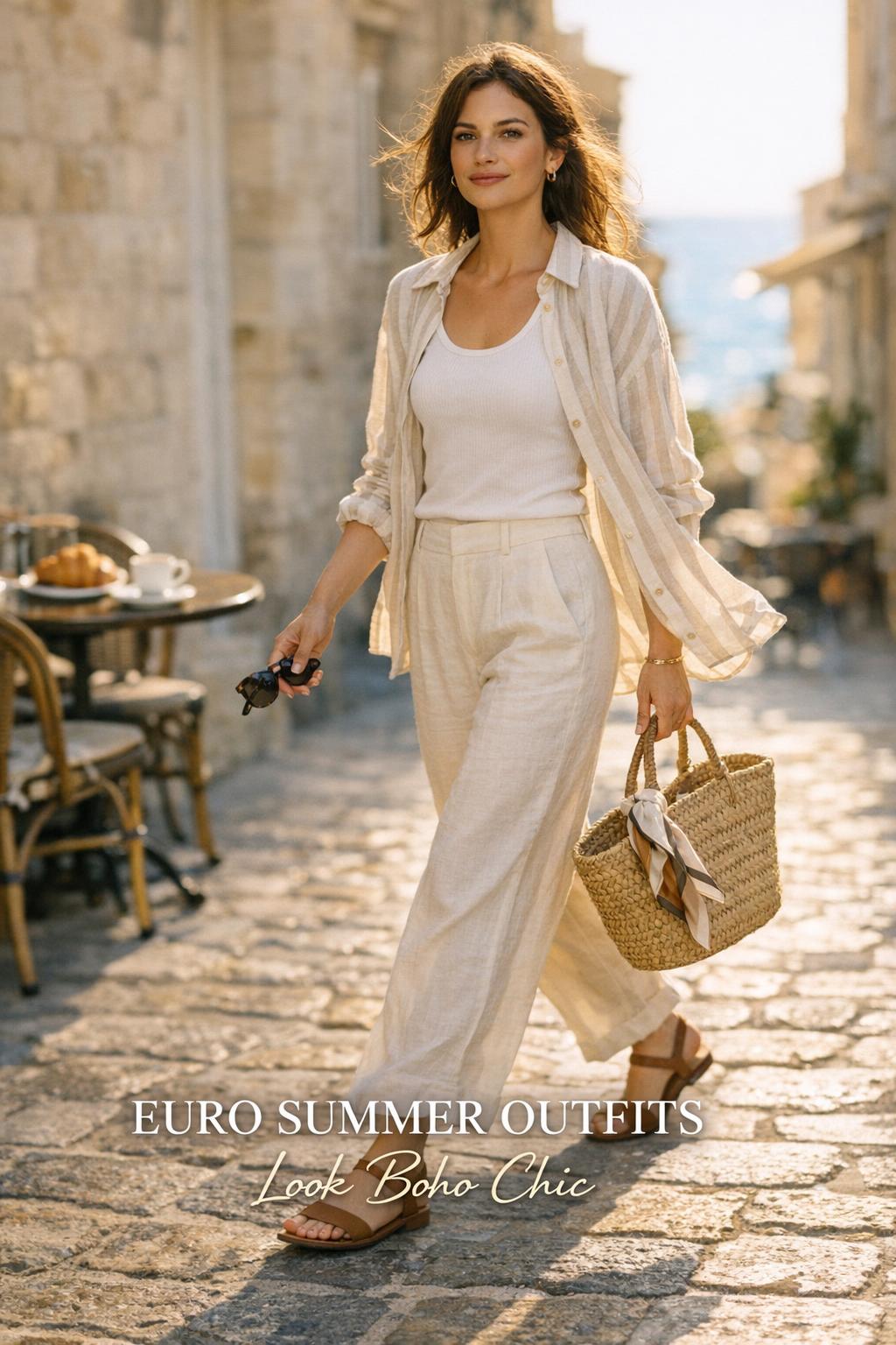 Woman walking in a Mediterranean coastal city wearing euro summer outfits with linen trousers, straw tote, and sandals at golden hour