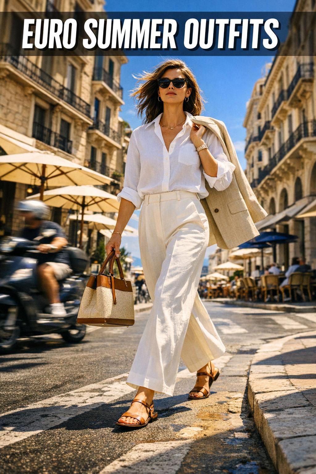 Euro summer outfits in a coastal European street, featuring linen dresses and chic sandals in warm sunlight