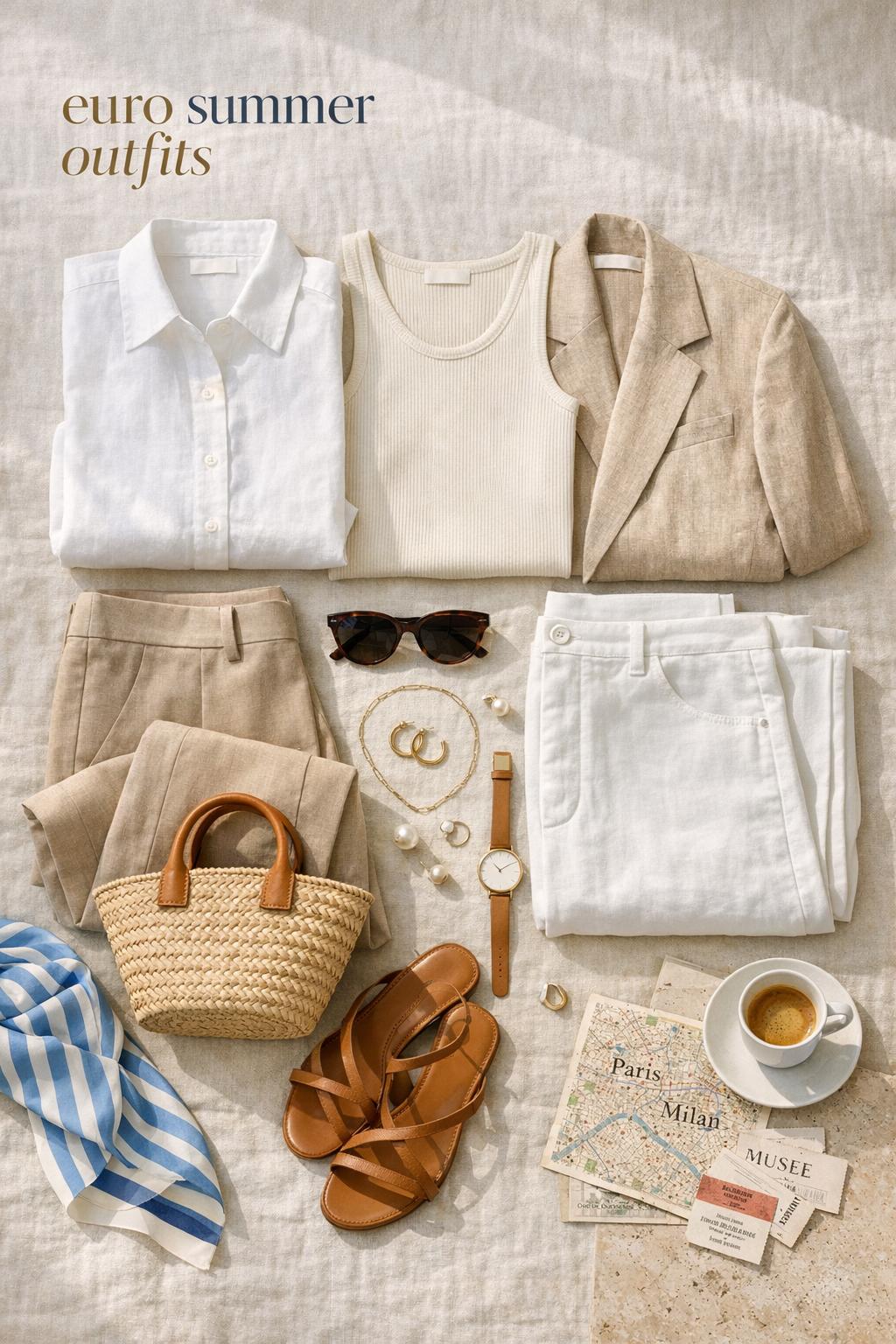 Euro summer outfits flat lay with linen shirt, neutral trousers, scarf, sandals, raffia bag, sunglasses on sunlit bedspread