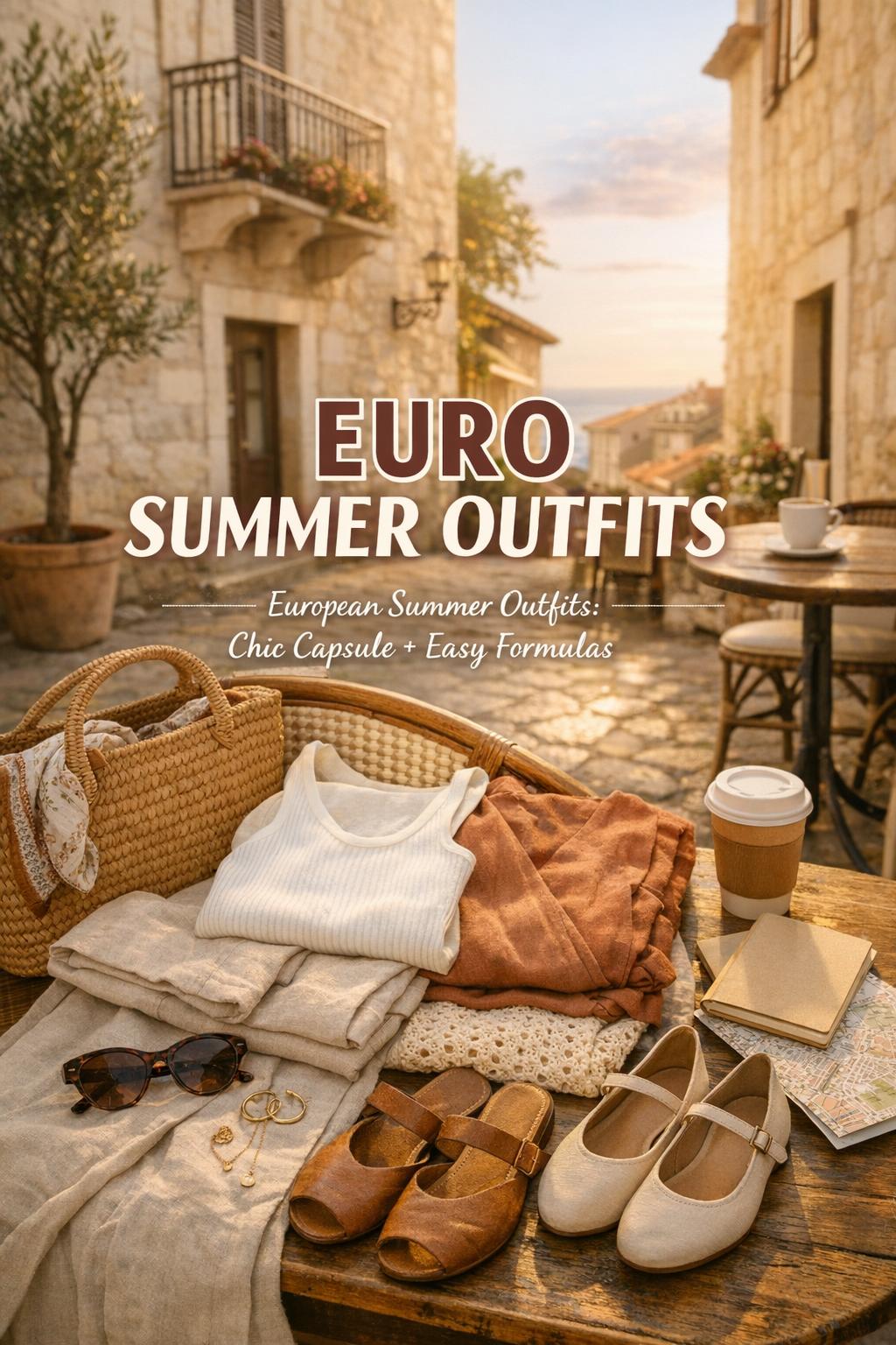 Euro summer outfits flat lay on café chair with linen capsule pieces, straw tote, sandals, coffee and map in golden light
