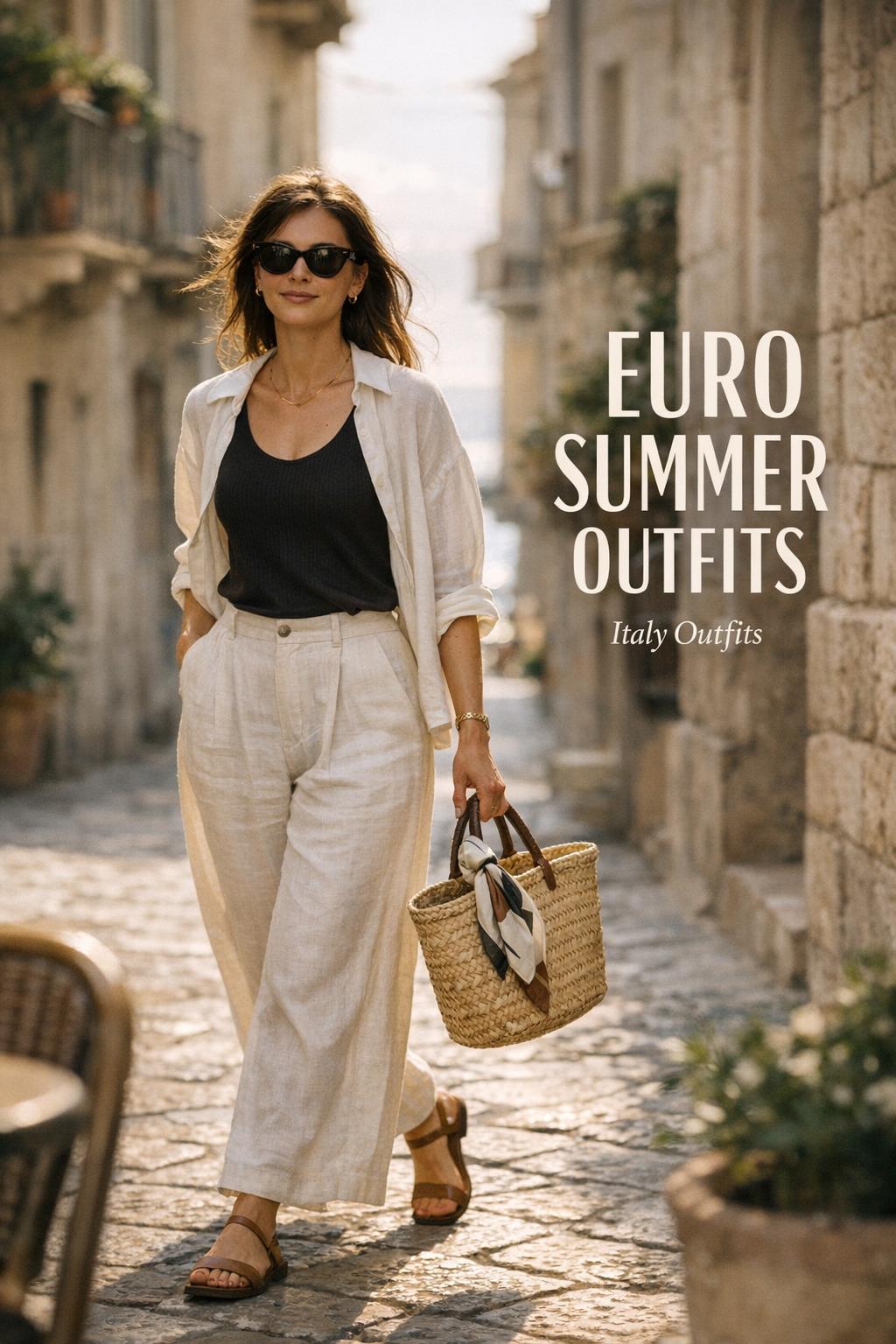 Euro summer outfits: stylish woman in linen trousers walking a sunlit Mediterranean cobblestone street with straw tote