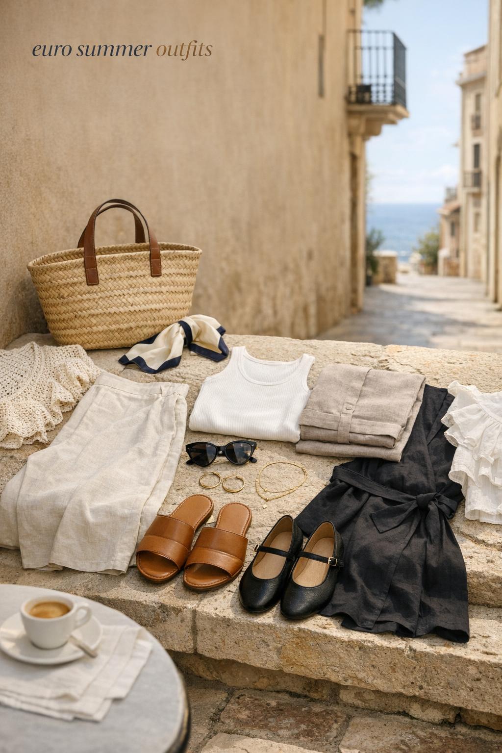 Euro summer outfits flat lay on a sunlit Mediterranean street bench with linen pieces, sandals, straw tote and espresso cup