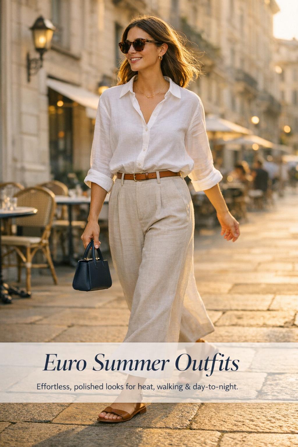 Euro summer outfits: chic woman in white linen shirt and beige wide-leg trousers walking a sunlit Paris street