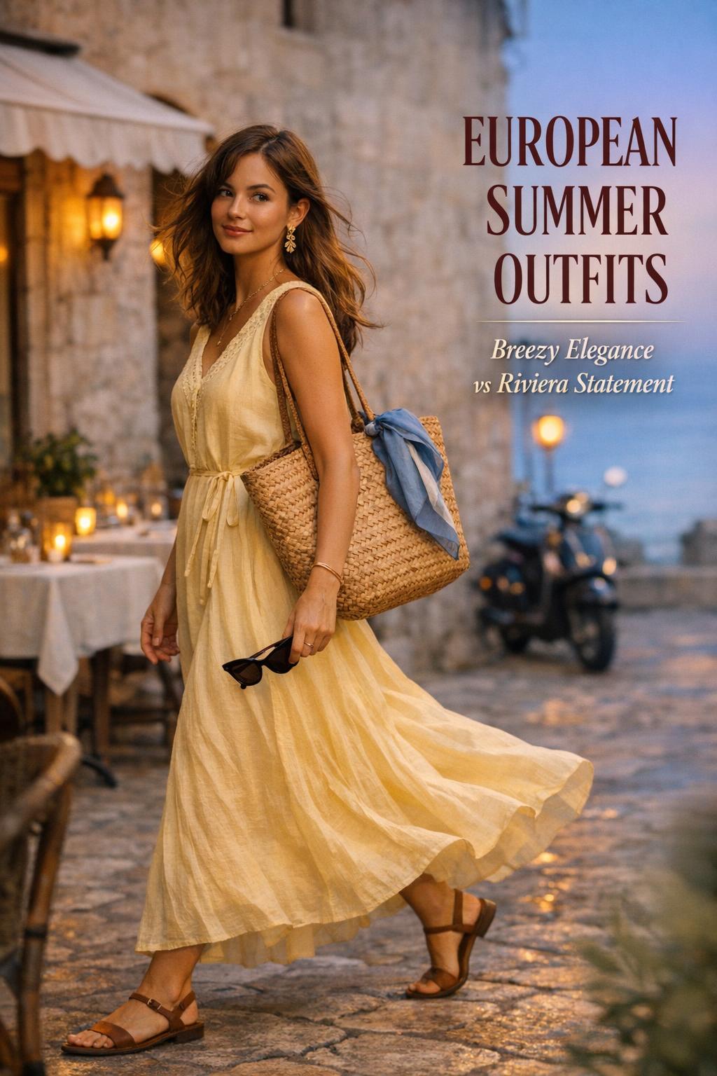 European summer outfits on Riviera street: woman in butter-yellow maxi dress by café at golden hour with luxury travel vibe