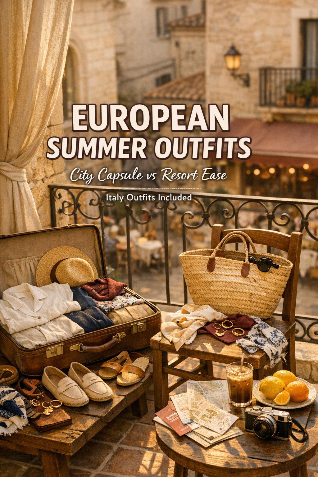 European summer outfits laid out on a sunlit coastal terrace with suitcase, straw tote, and café street view below