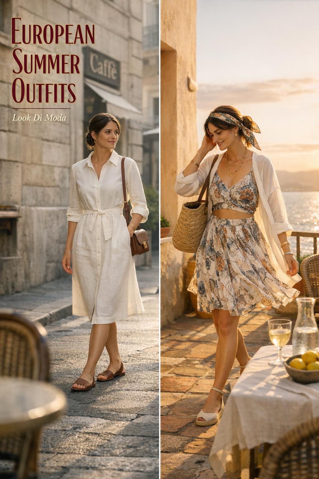 European summer outfits travel fashion comparison with woman in city capsule and resort look on a coastal terrace in Europe