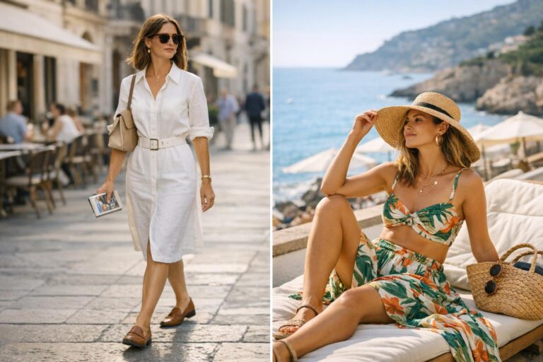 European summer outfits laid out with linen shirt dress, wide-leg trousers, midi skirt, sandals, scarf and straw bag
