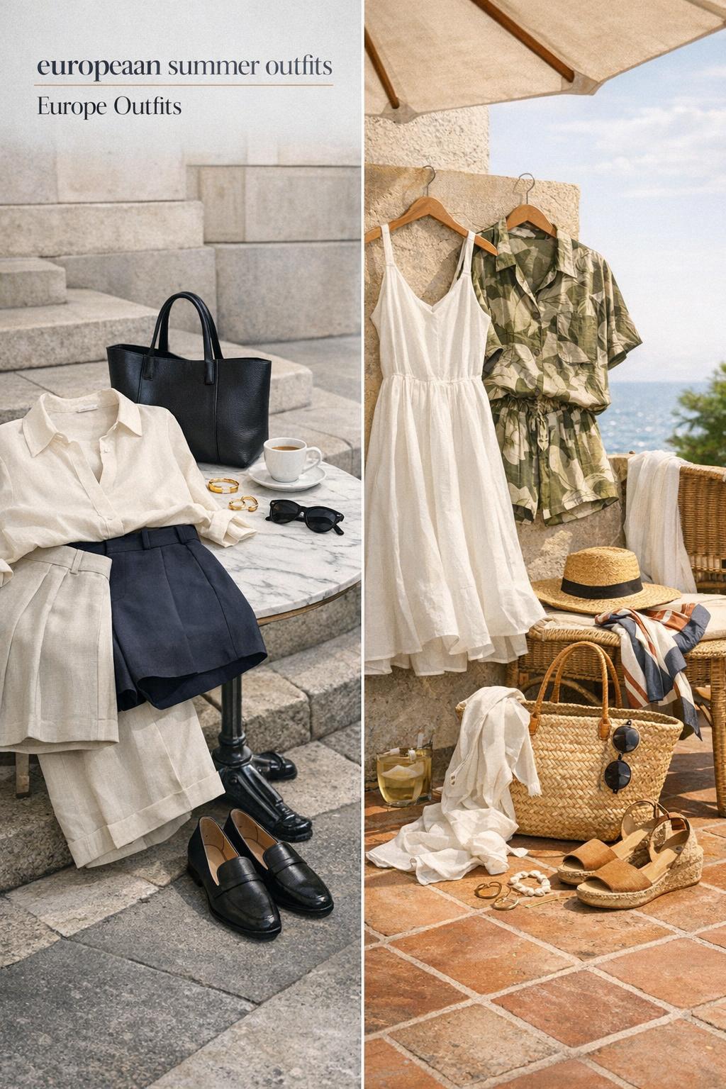 European summer outfits diptych photo showing city capsule vs coastal resort looks with linen, sandals, straw bag, and accessories