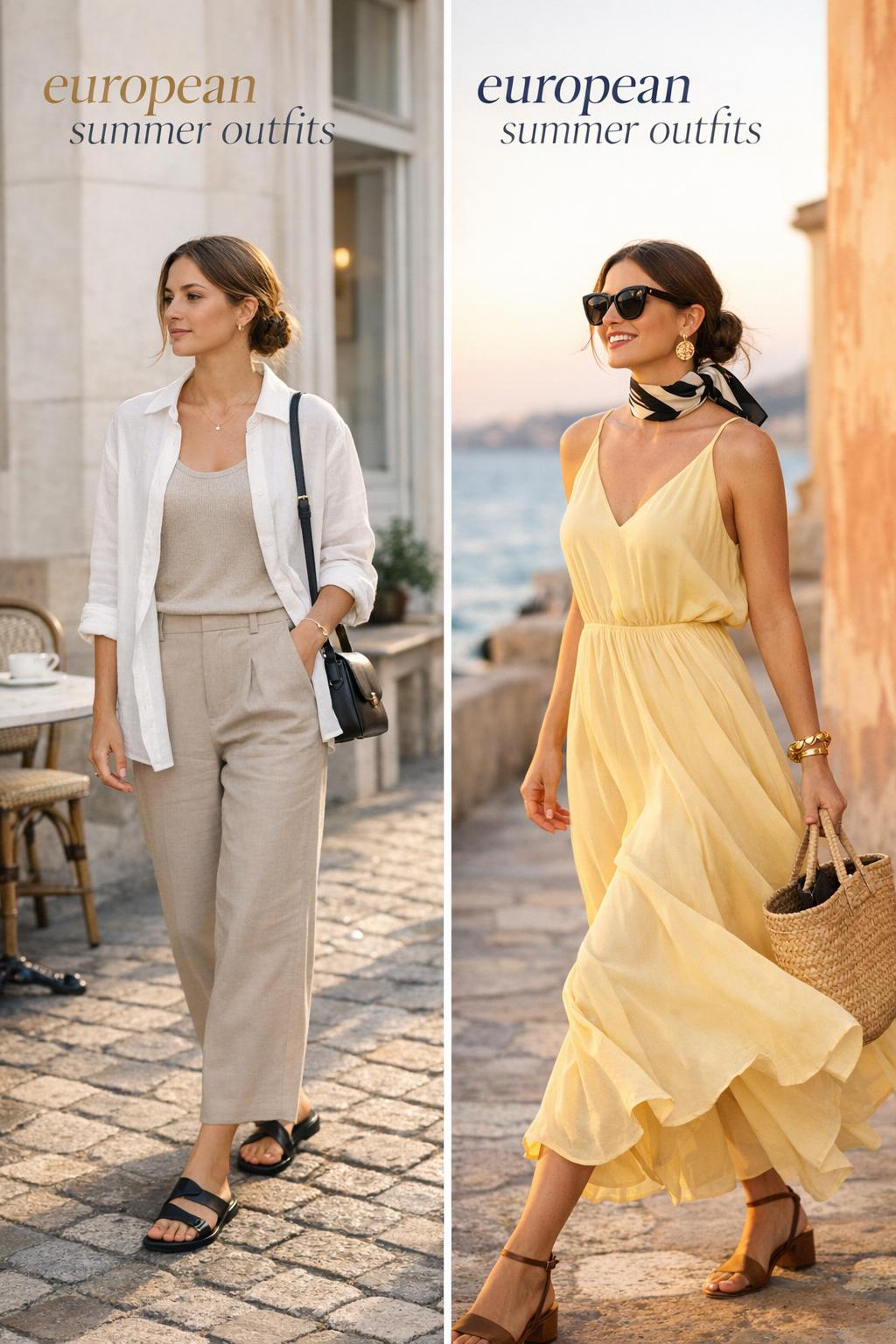 European summer outfits diptych fashion photo featuring linen day look and Riviera evening dress on a coastal promenade