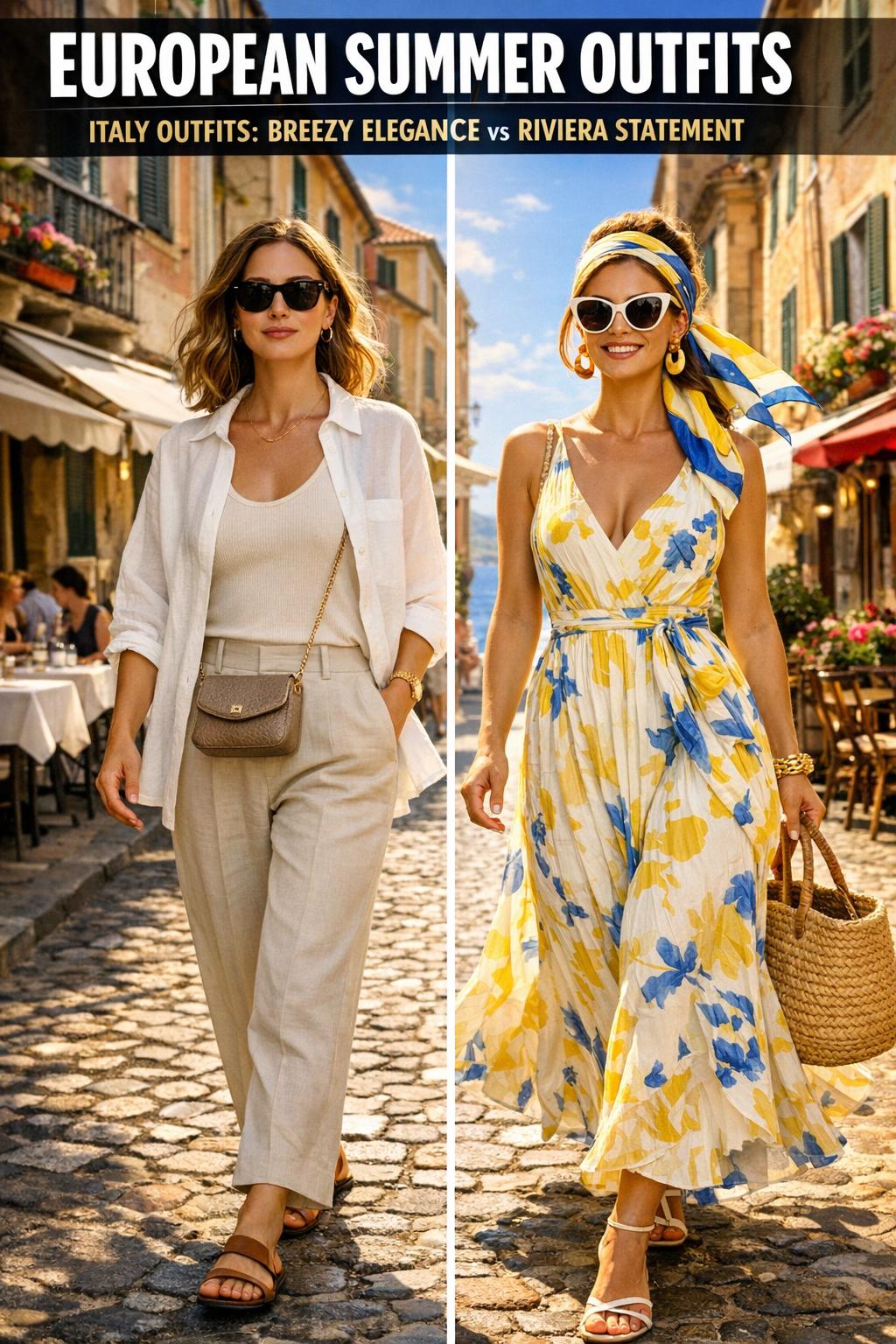 European summer outfits styled on a woman in a sunlit coastal street, wearing a linen dress, straw hat, and sandals