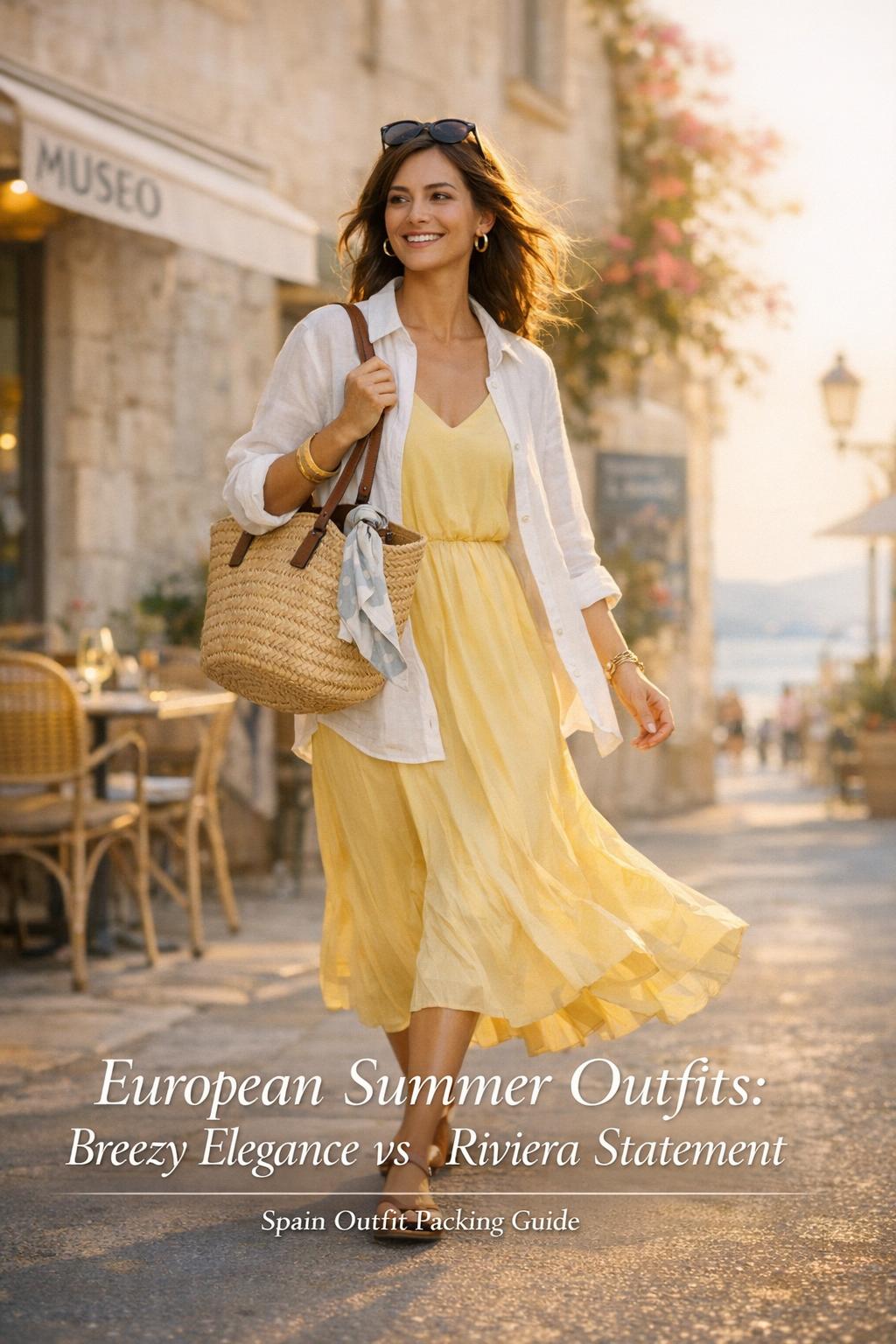 European summer outfits on a stylish woman walking a golden-hour Spanish coastal street in a breezy maxi dress look