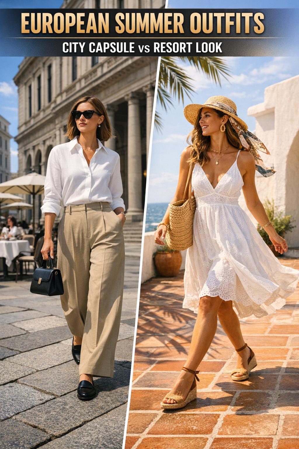 European summer outfits on stylish friends strolling a sunny coastal street, light linen dresses, sandals, and straw hats