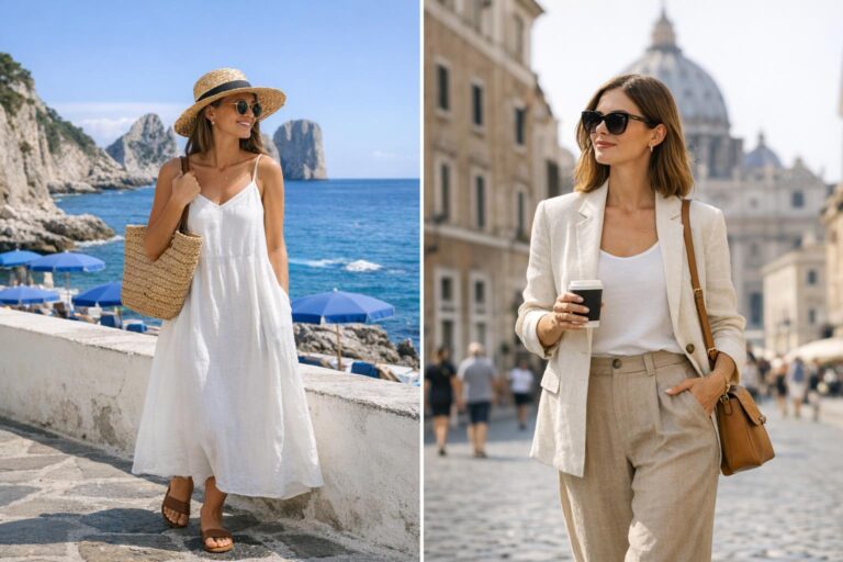 Italian summer outfits with white linen dress, flat sandals, straw bag and sunglasses for Capri to Rome travel style