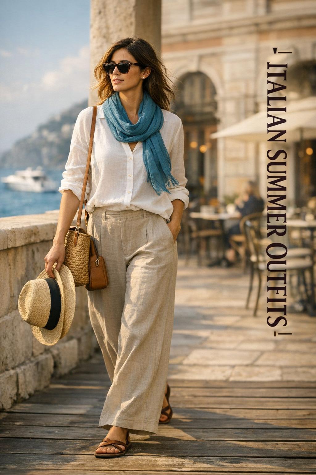 Woman in linen dress on a sunlit passeggiata with coastal and city backdrop, showcasing italian summer outfits