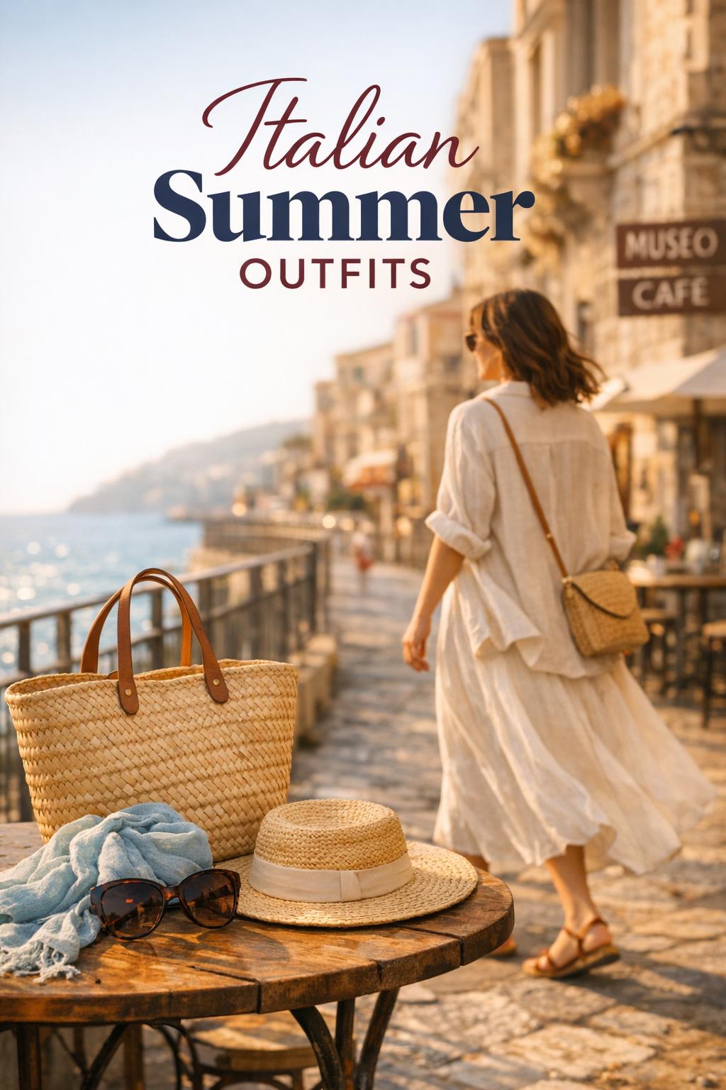Italian summer outfits on a linen-dressed woman by a Mediterranean cafe table with straw tote, hat, and sea-blue scarf