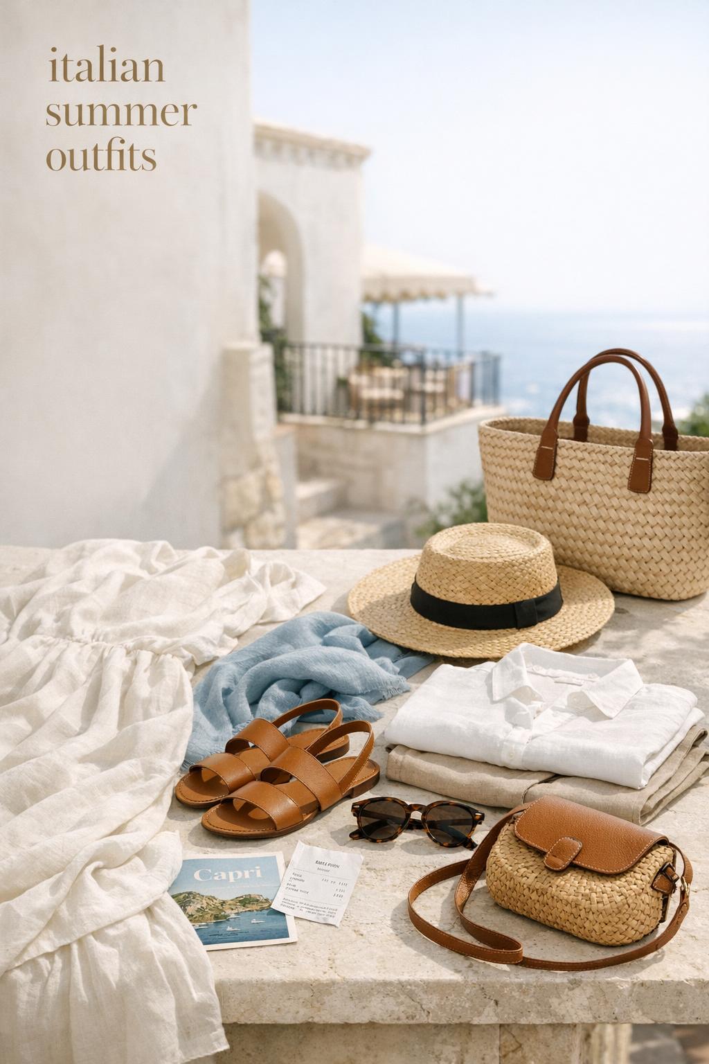 Italian summer outfits flat lay on a sunlit stone table with linen dress, sandals, straw hat, and Capri map