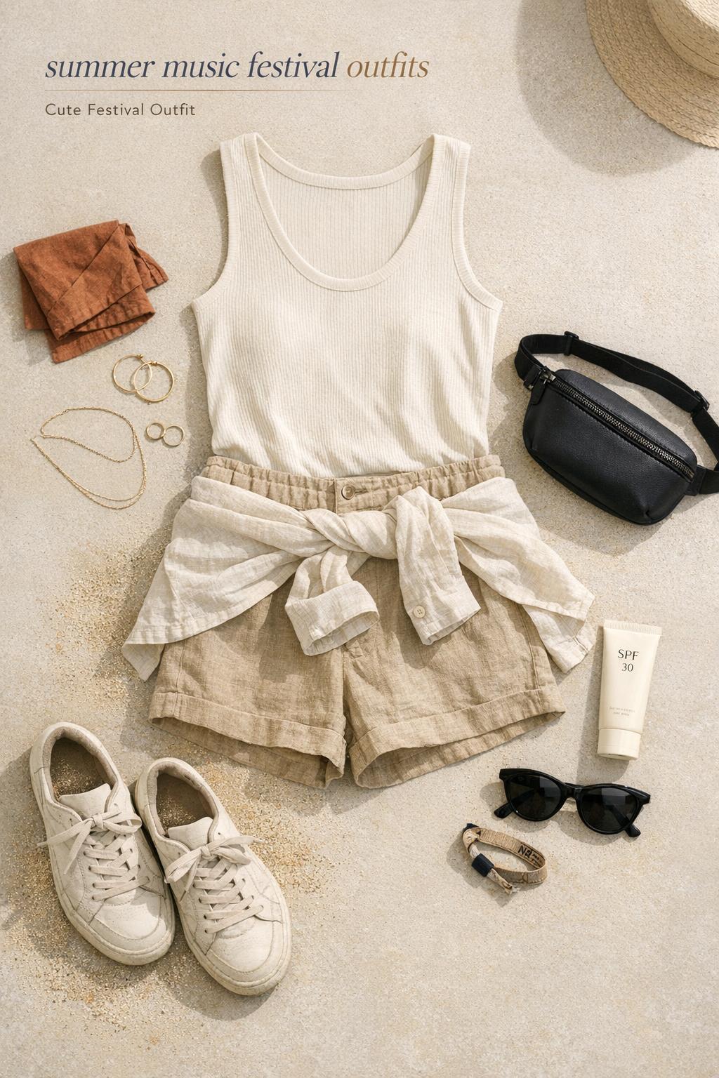 Minimalist flat-lay of summer music festival outfits with neutral tank and shorts, oat shirt, belt bag, sneakers, sunglasses