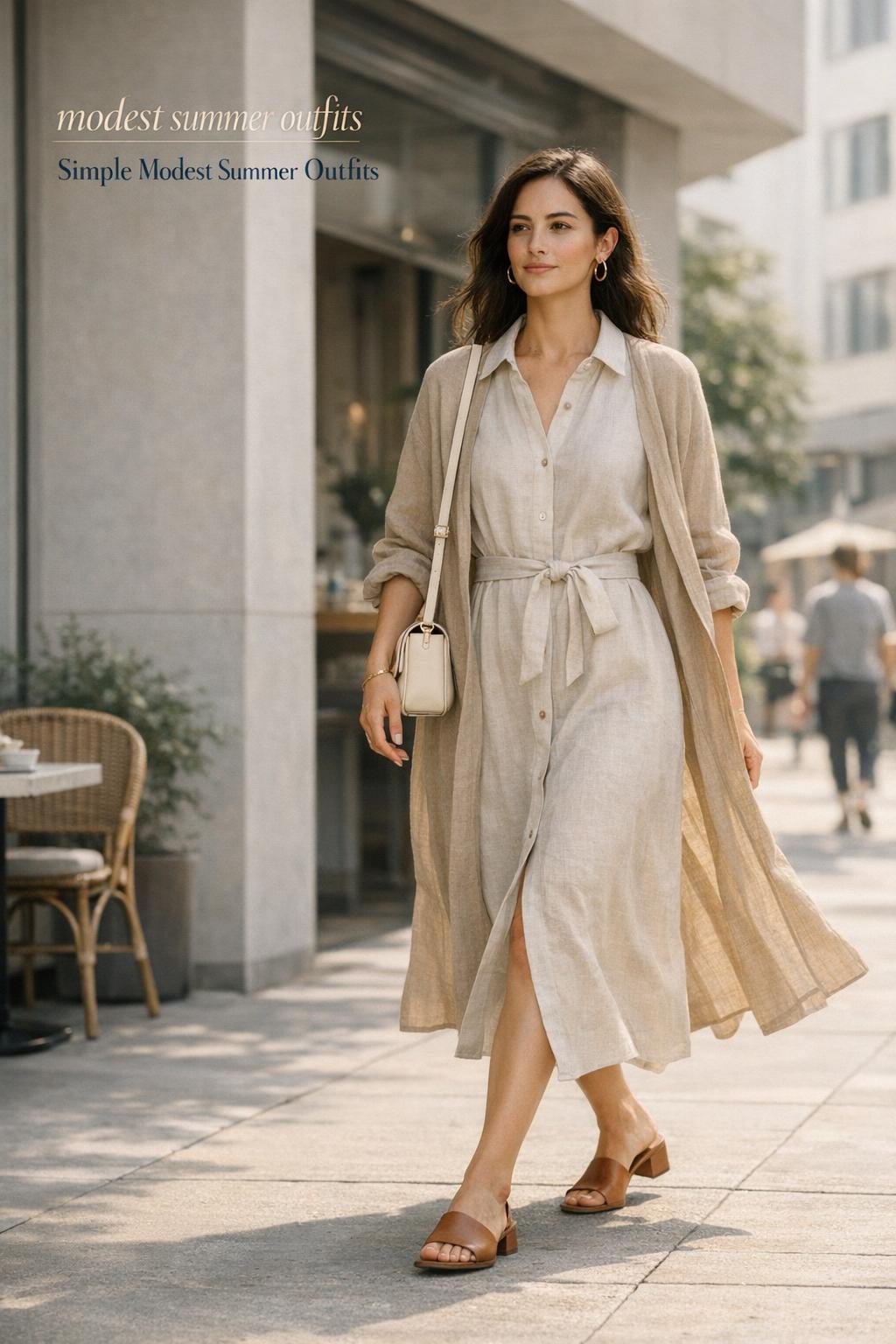 Modest summer outfits featuring a woman in a beige linen midi shirt dress walking outside a modern cafe on a sunny day