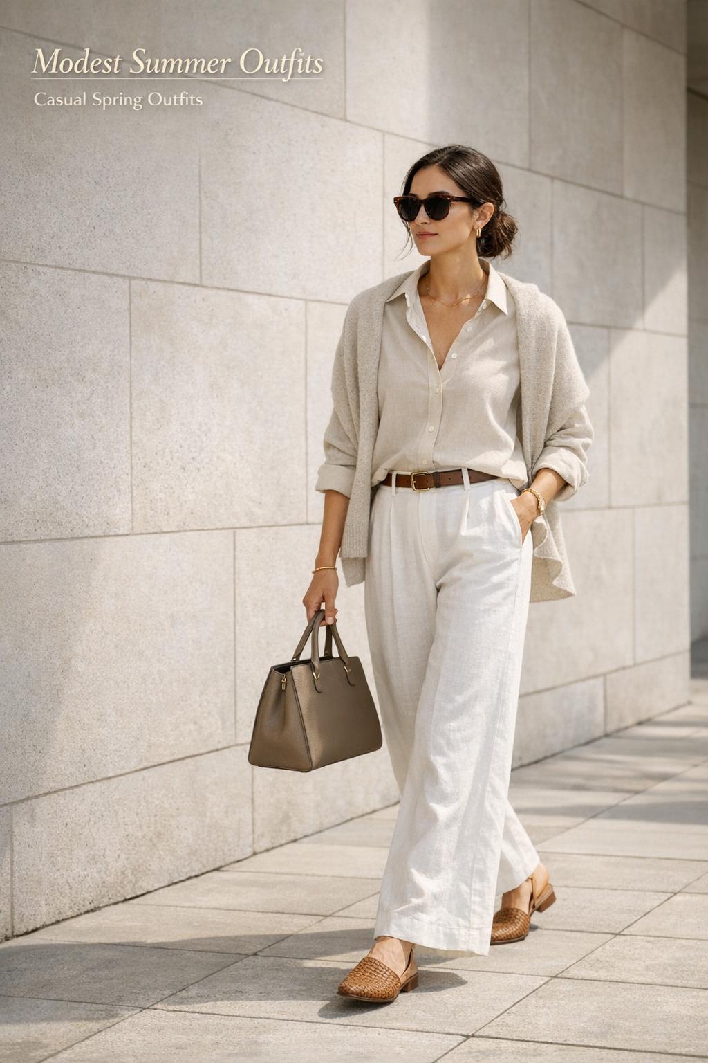 Modest summer outfits in a sunlit city corridor, model in linen wide-leg pants with cardigan and taupe handbag